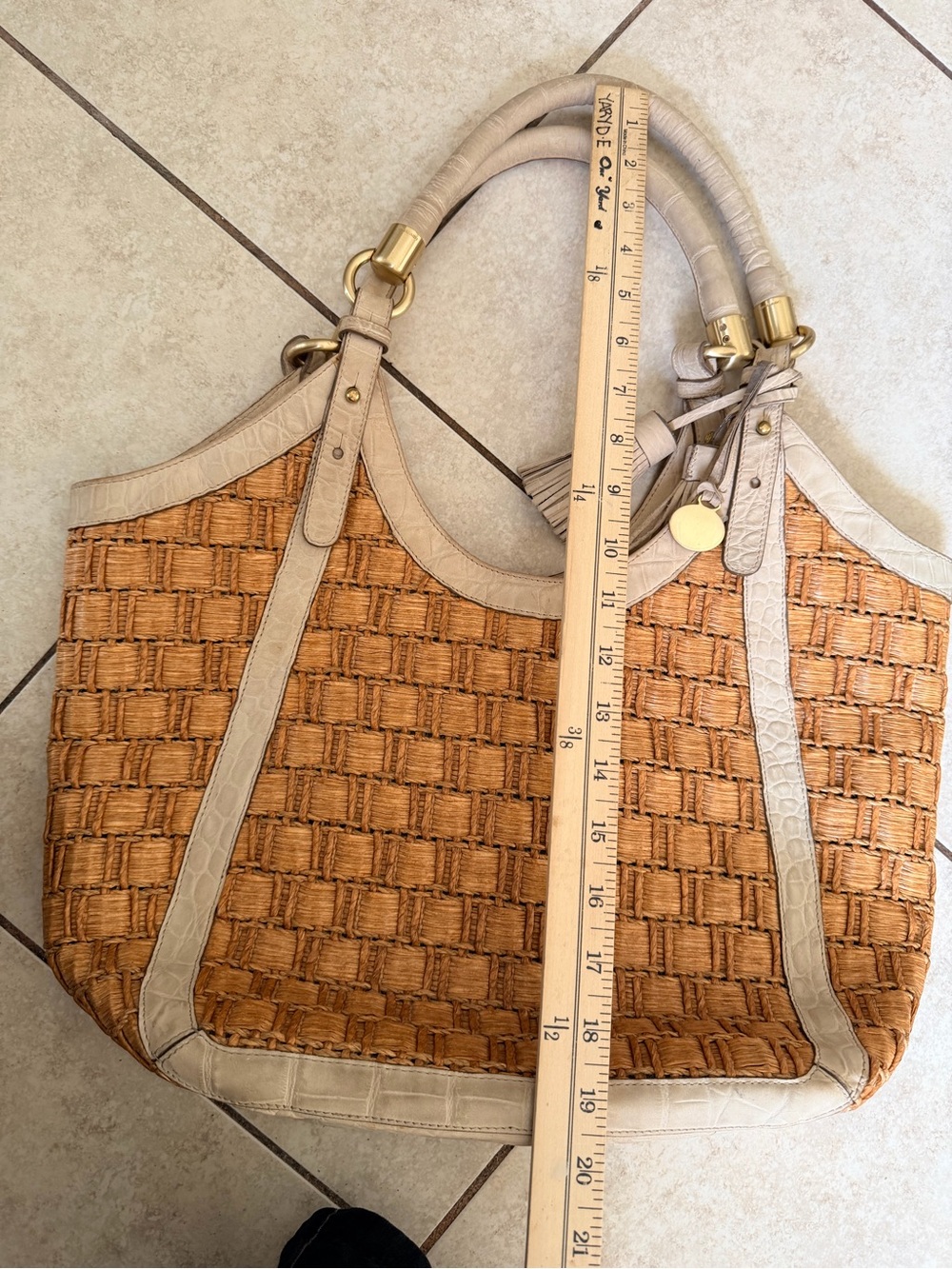 Brahmin Woven Straw Tote with Cream Leather Trim embossed croc - Picture 12 of 12